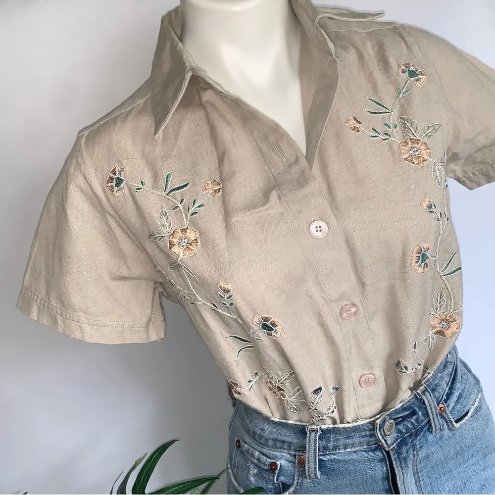 Vintage Beige Embroidered Button-Up Blouse